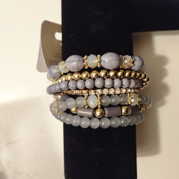 Set Of 6 Stretch Beaded Bracelets In Gray & Gold Tones By Riah Fashion-NEW - Picture 3 of 6